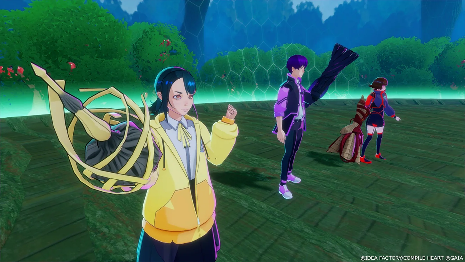 Villion:Code characters standing together in a green outdoor environment, including a character with a large golden