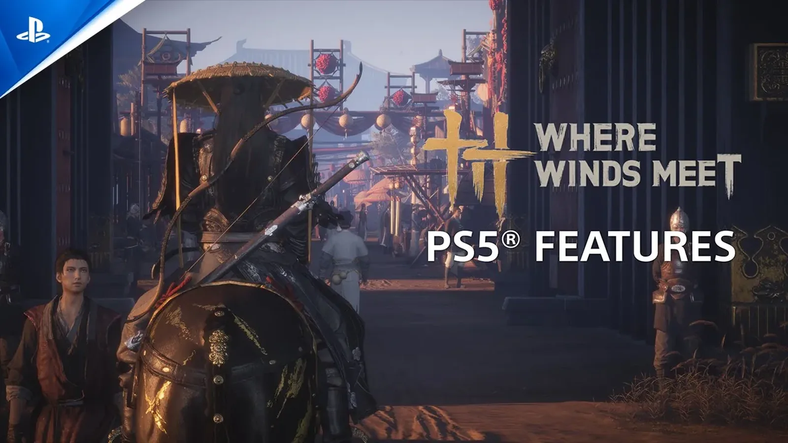 Warrior overlooking a dramatic orange sunset and expansive battlefield landscape in Where Winds Meet