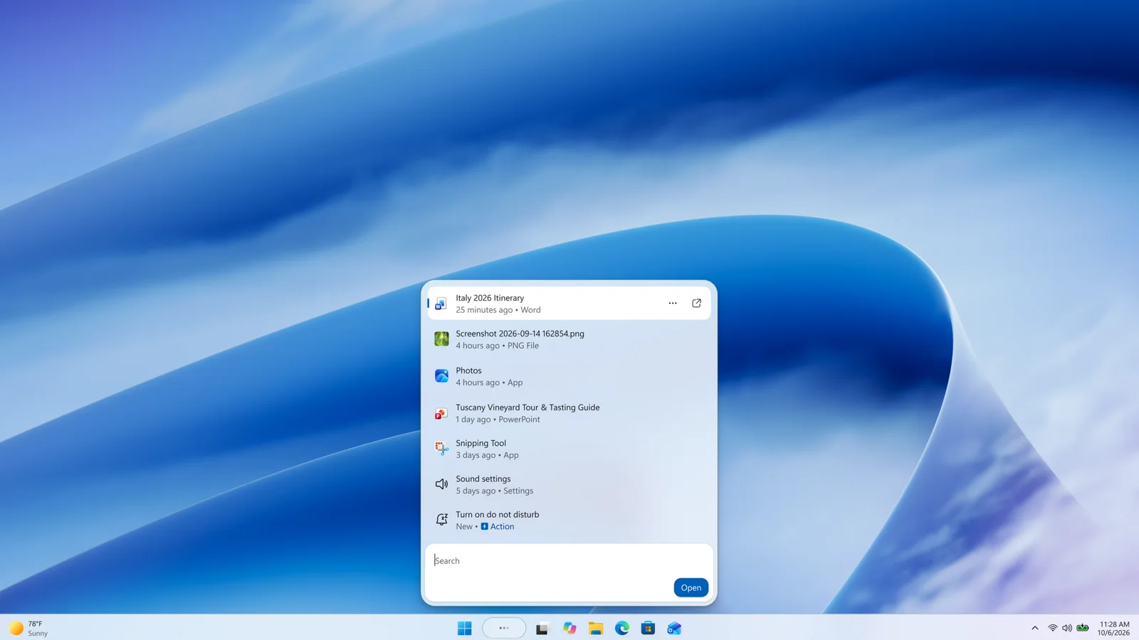 Official screenshot of the redesigned Windows 11 Search showing recent files, apps, settings and an inline Do Not