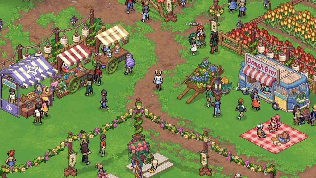 Witchbrook Launches January 28, 2027, PS5 Version Confirmed Colorful spring festival in Witchbrook featuring flower stalls, a food truck, villagers and picnic blankets