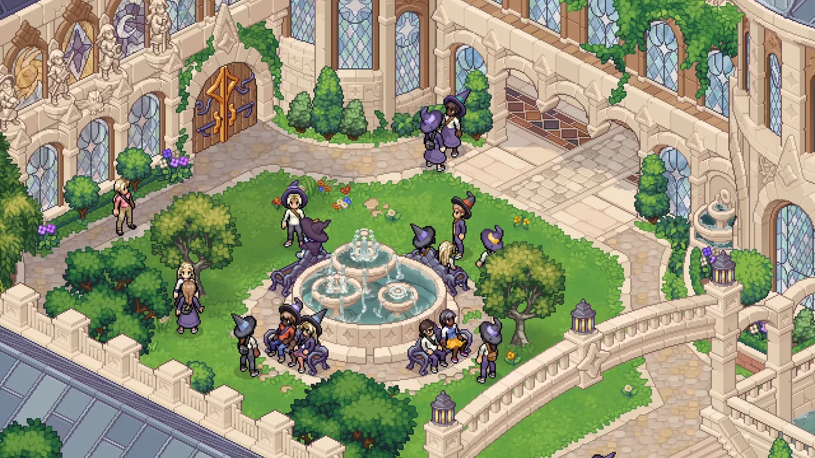 Witchbrook College courtyard with magical students gathered around a fountain, surrounded by greenery and ornate