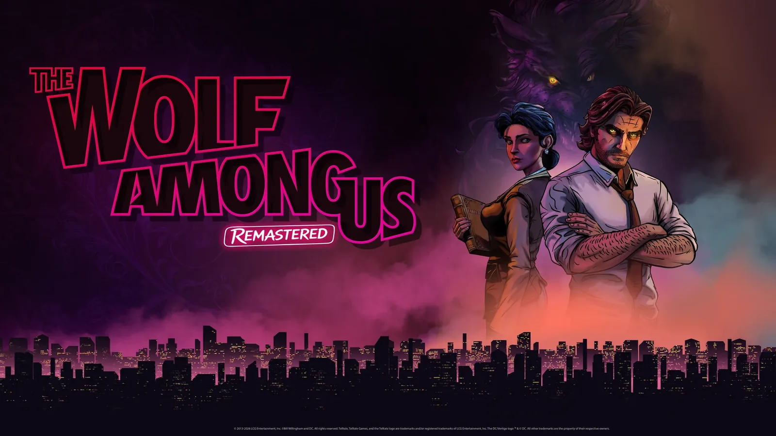 Official landscape key art featuring Bigby Wolf, Snow White, a shadowy wolf and the neon-lit Fabletown skyline