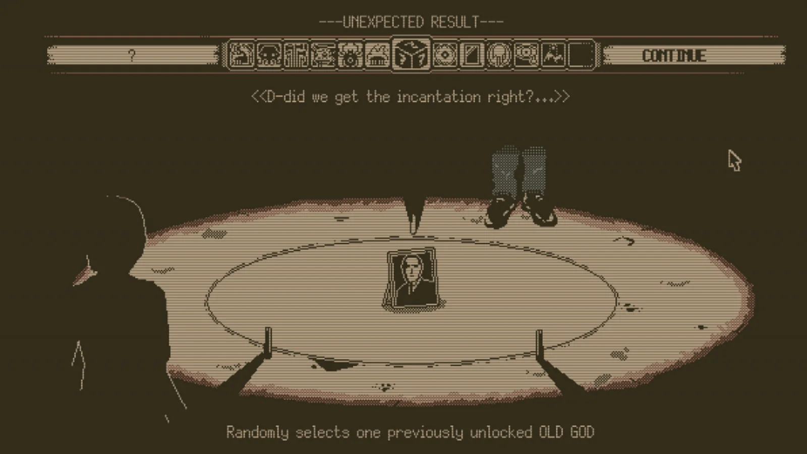 Official World of Horror 1.2 screenshot showing a disturbing supernatural scene with blood-red rain and a giant eye