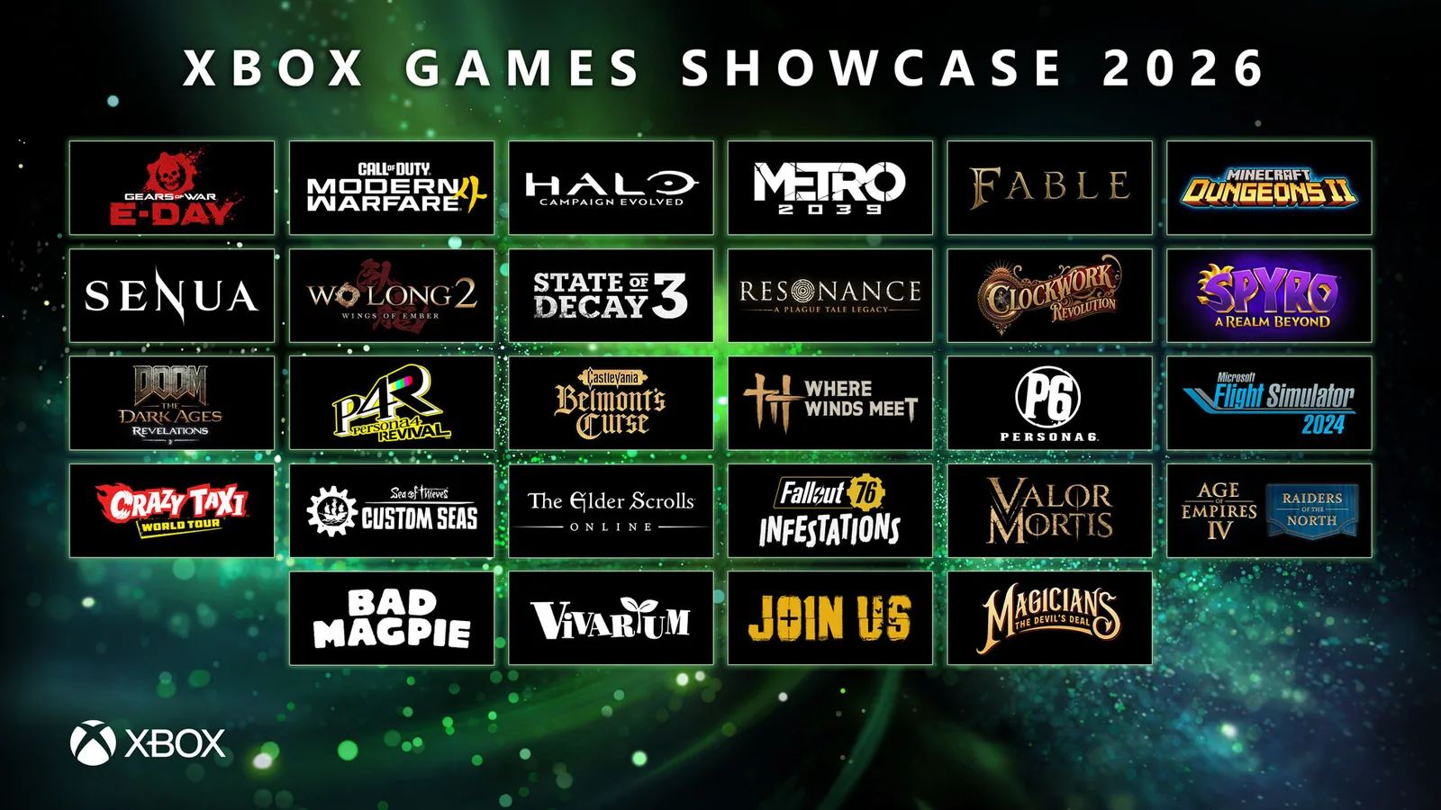 Xbox Games Showcase 2026 collage featuring first-party titles including Gears of War: E-Day, Minecraft Dungeons II