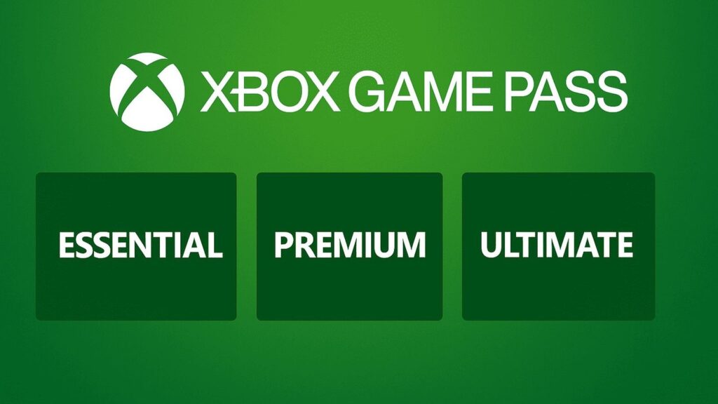Xbox Game Pass subscription tier artwork featuring Essential, Premium and Ultimate on a green background