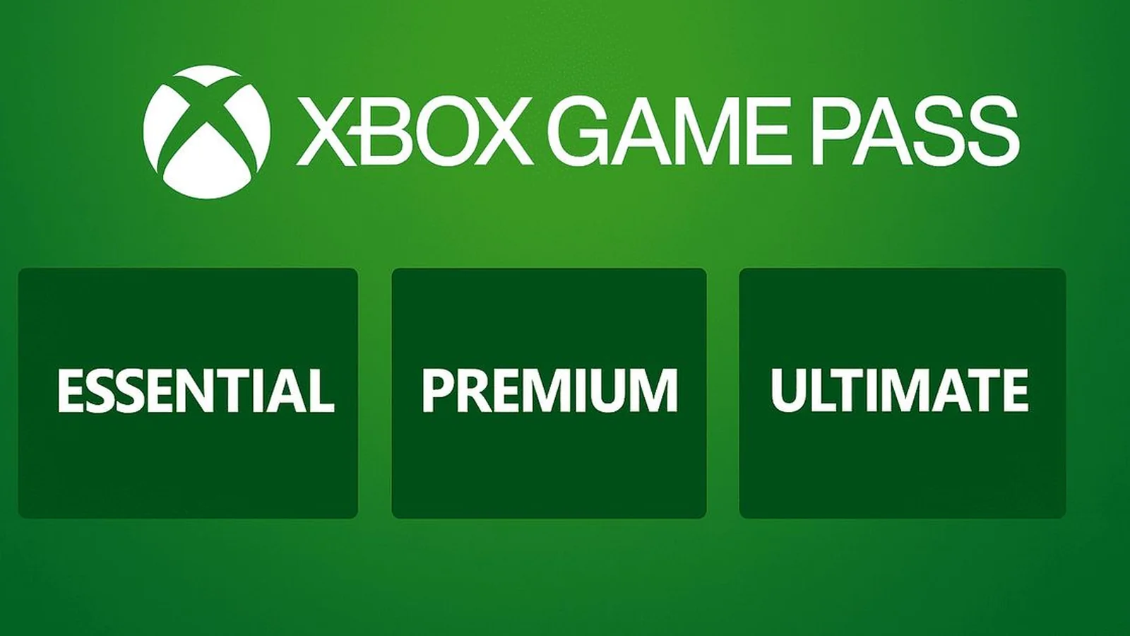 Xbox Game Pass subscription tier artwork featuring Essential, Premium and Ultimate on a green background