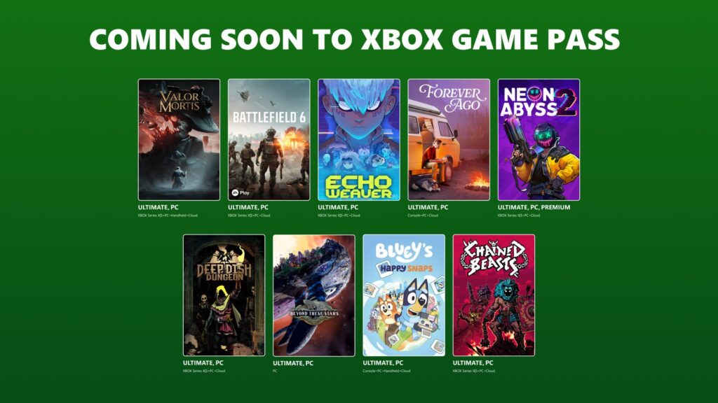 Xbox Game Pass Adds Battlefield 6 and Valor Mortis in October Official Xbox Game Pass October 2026 lineup graphic featuring Valor Mortis, Battlefield 6, Echo Weaver, Forever Ago
