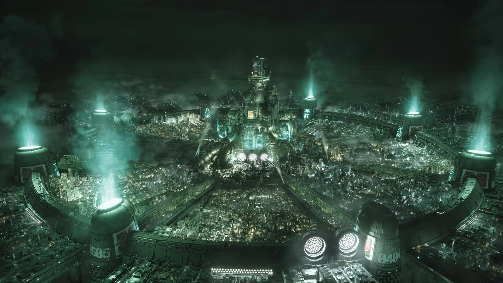Official Final Fantasy VII Remake Intergrade image showing the futuristic city of Midgar illuminated by glowing green
