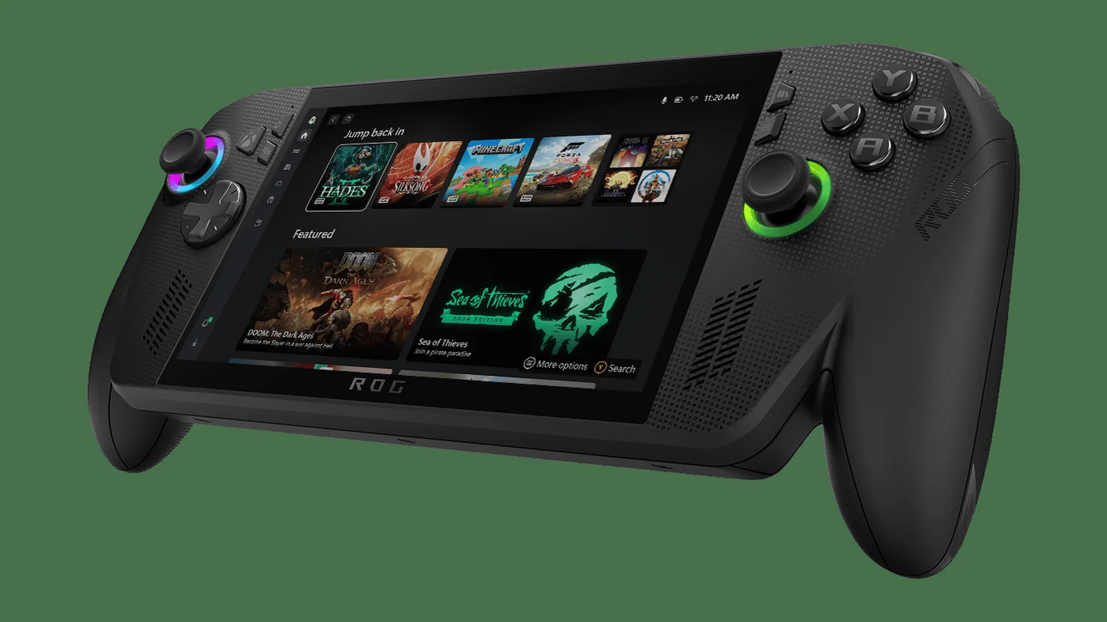 ROG Xbox Ally X shown at an angle with the Xbox handheld interface visible