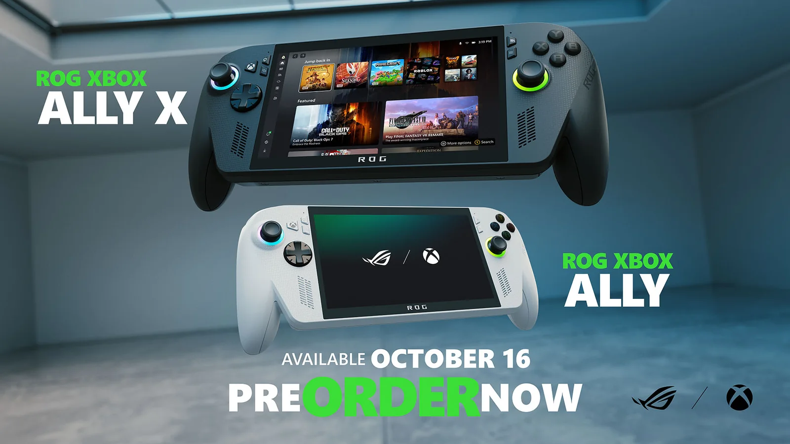 Official Xbox image showing both the black ROG Xbox Ally X and white ROG Xbox Ally handhelds
