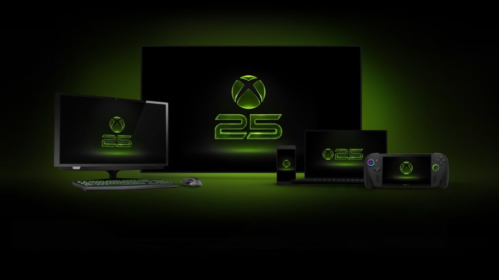 Official Xbox 25th anniversary artwork showing the glowing green Xbox 25 emblem across gaming screens and devices
