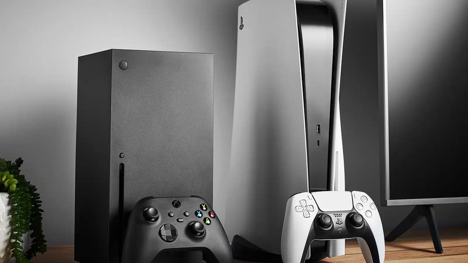 Xbox Series X and PlayStation 5 consoles standing side by side on a wooden surface, with their respective controllers