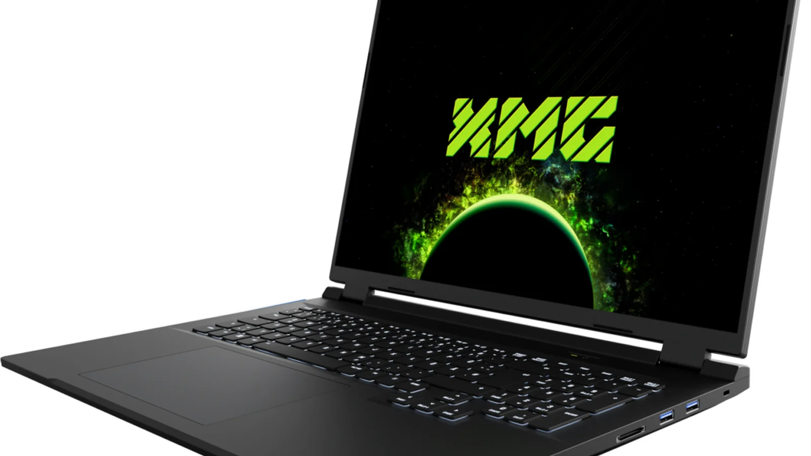 Official XMG PRO 18 product render showing the 18-inch laptop open from a front-right angle with the XMG logo on screen