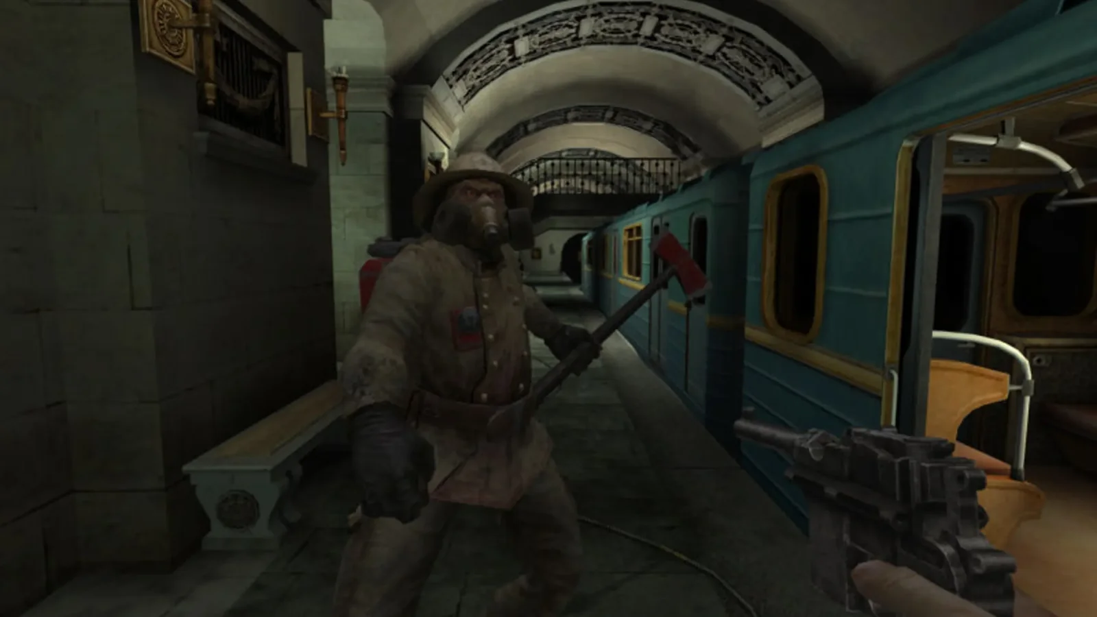 First-person rooftop confrontation with a dark-clothed enemy overlooking a decaying Soviet city