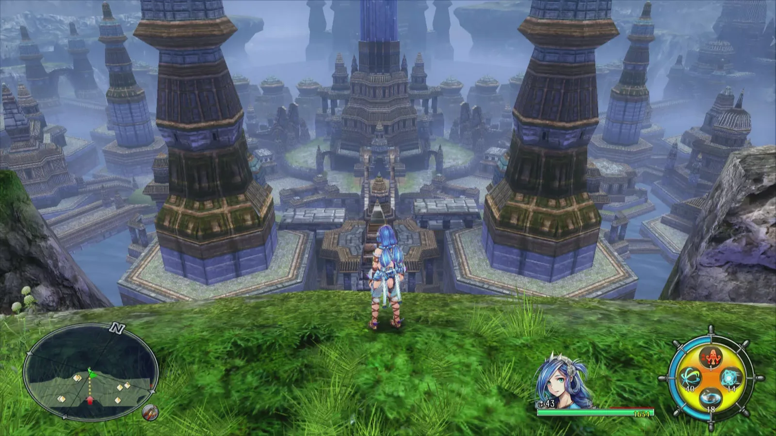 Dana overlooking a vast ancient city filled with stone towers and mysterious ruins