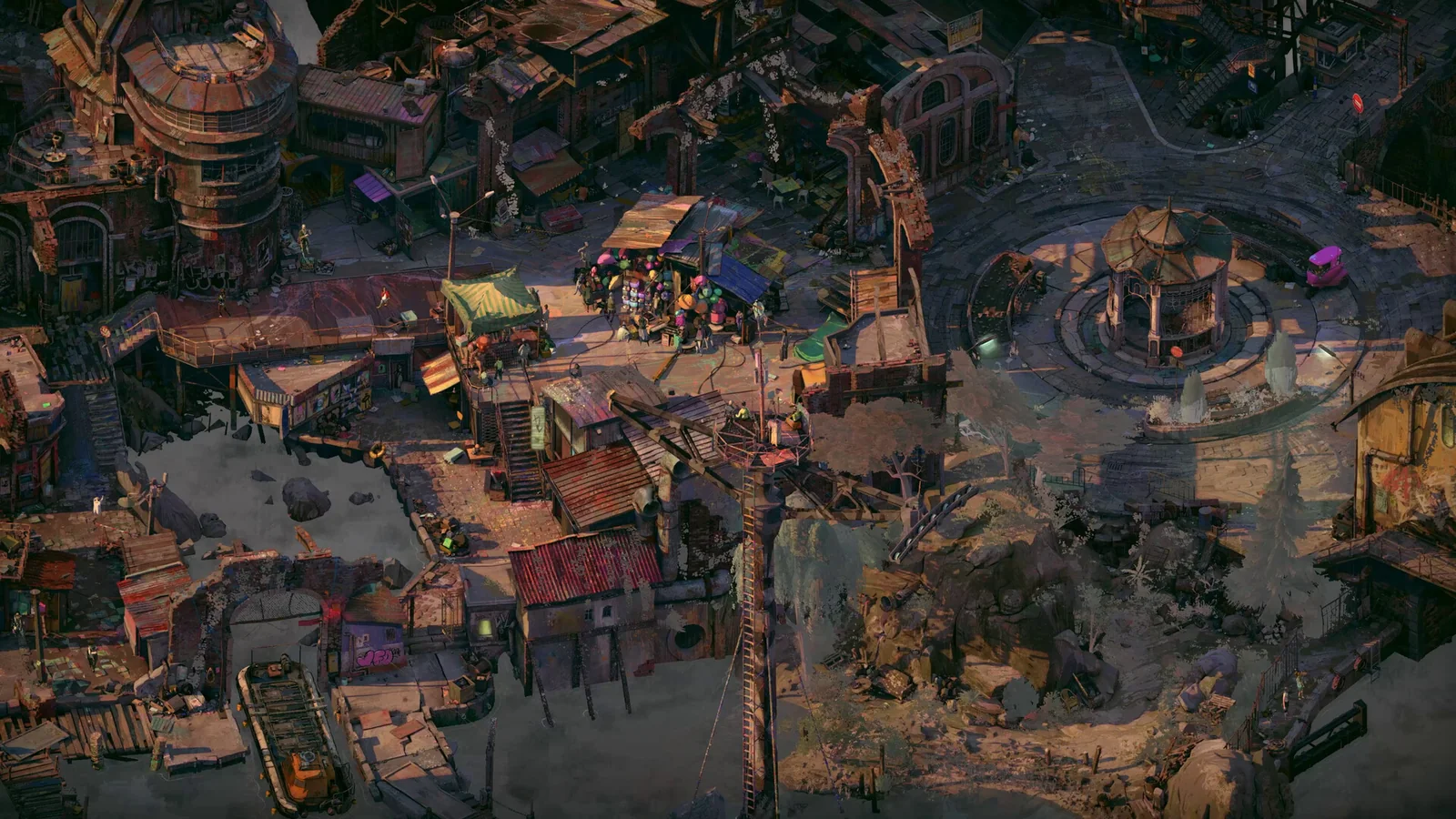 Wide cinematic gameplay screenshot depicting a sprawling ruined city marketplace, elevated walkways, stalls and